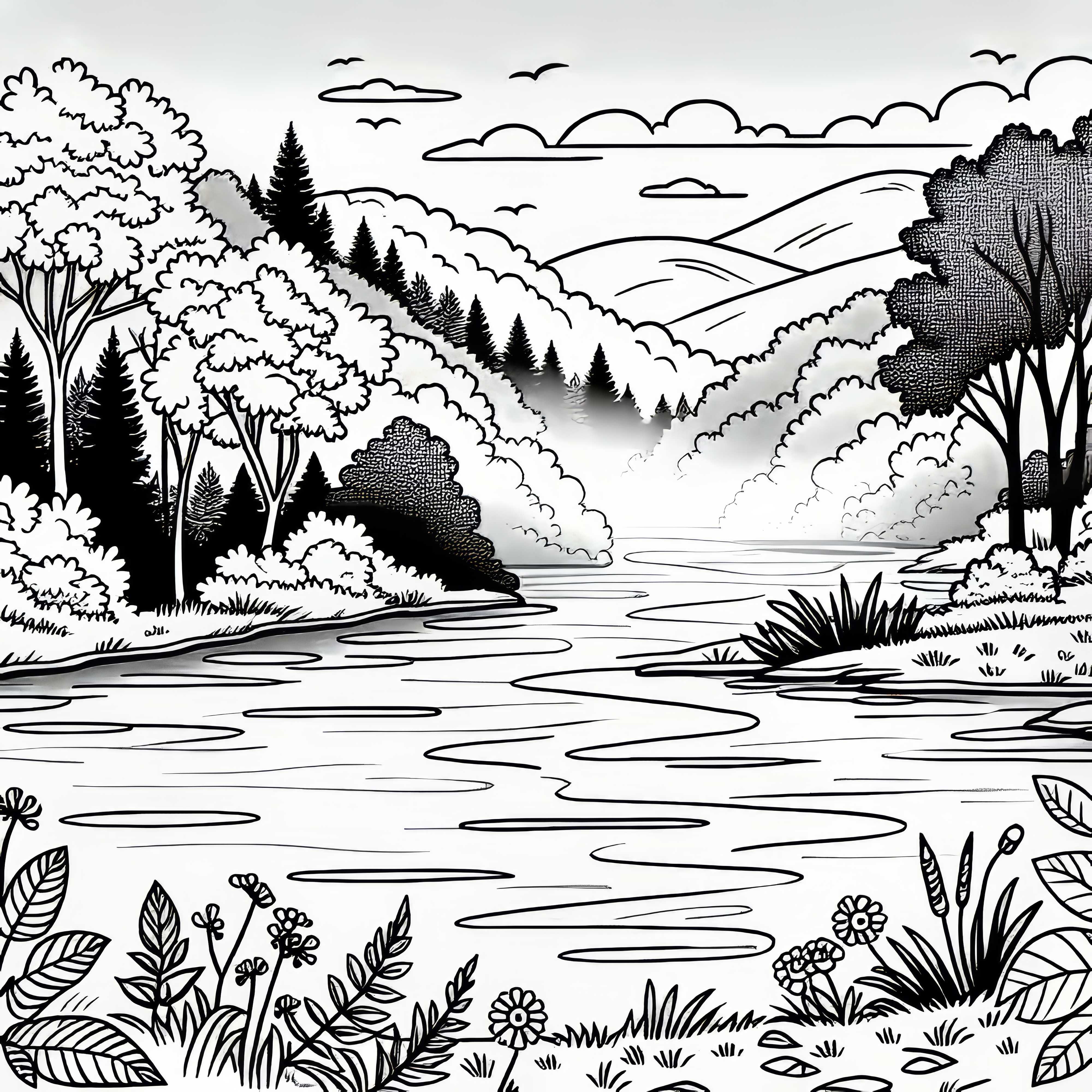 Nebel steigt fr&uuml;hmorgens &uuml;ber Flusslandschaft auf &ndash; Malvorlage kostenlos