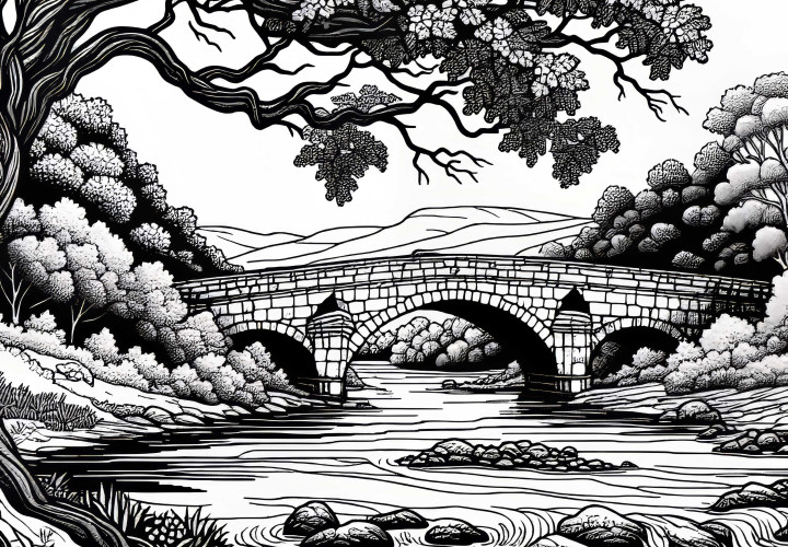 Old Stone Bridge over River – Free Coloring Page