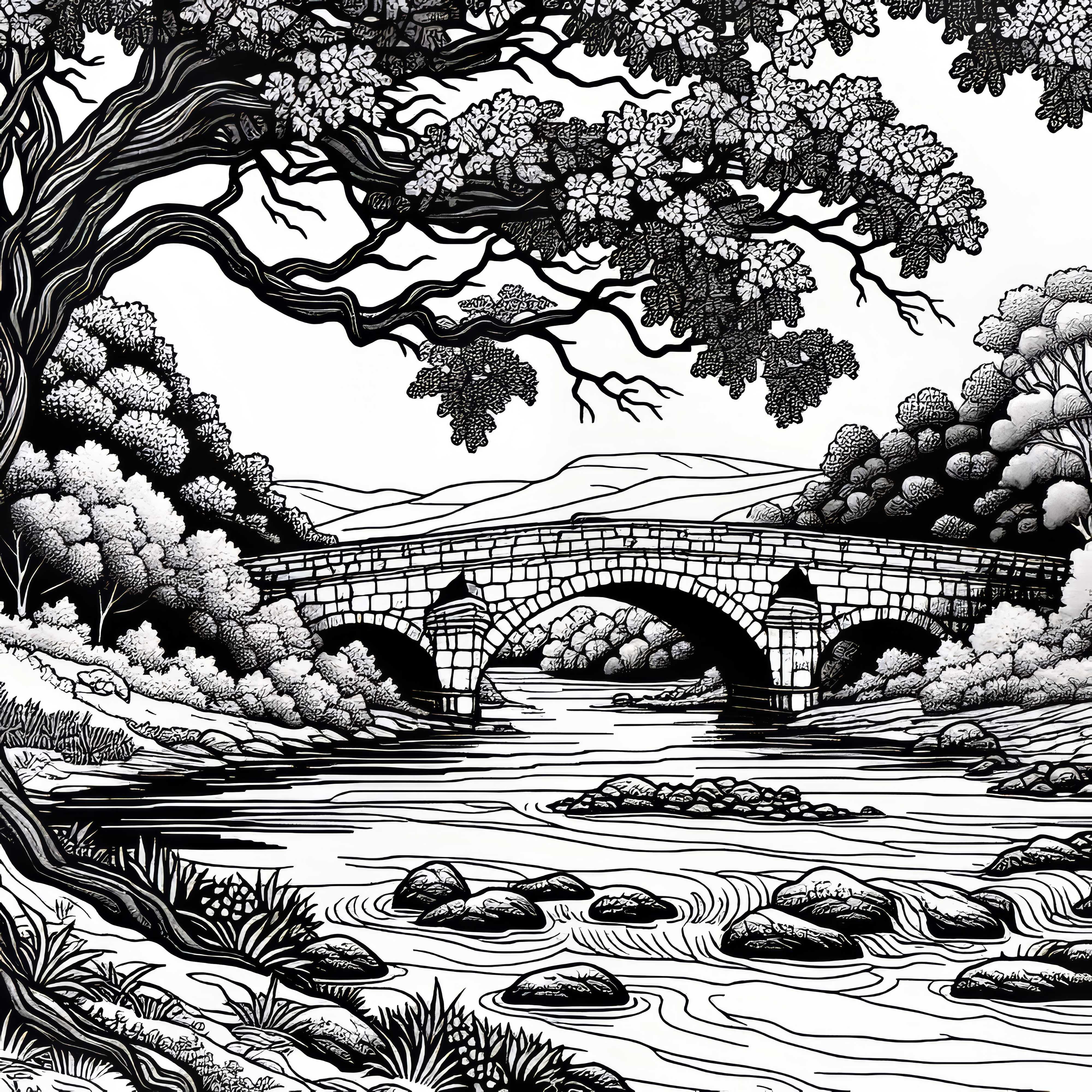 Old Stone Bridge over River - Free Coloring Page