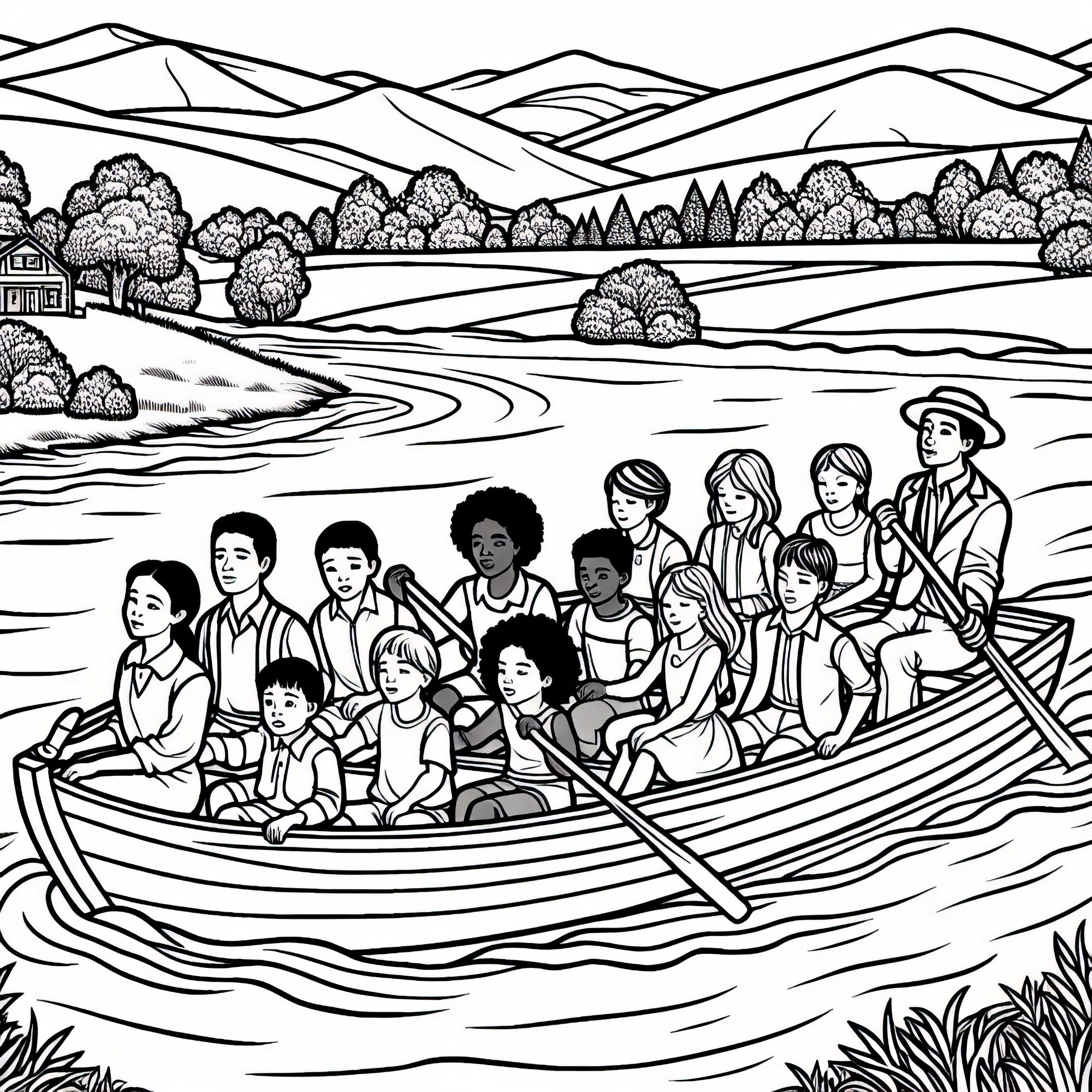 Children driving a boat across a river - Free coloring page