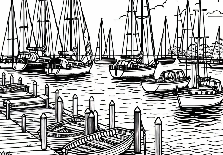 Sailboats are docked at the wooden pier in the harbor - Free coloring page