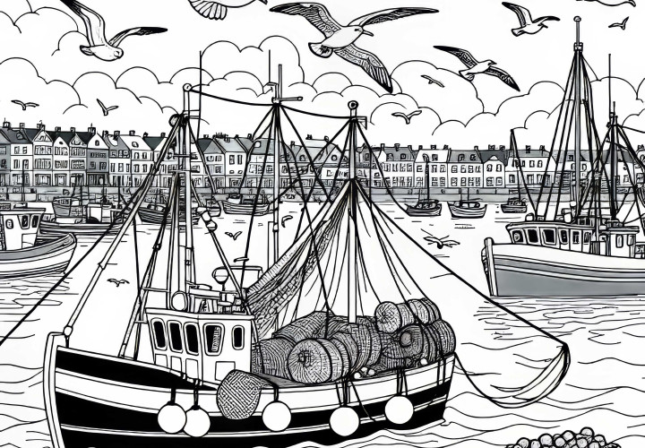 Fiskerbåde med net og måger i havnen – Malebillede