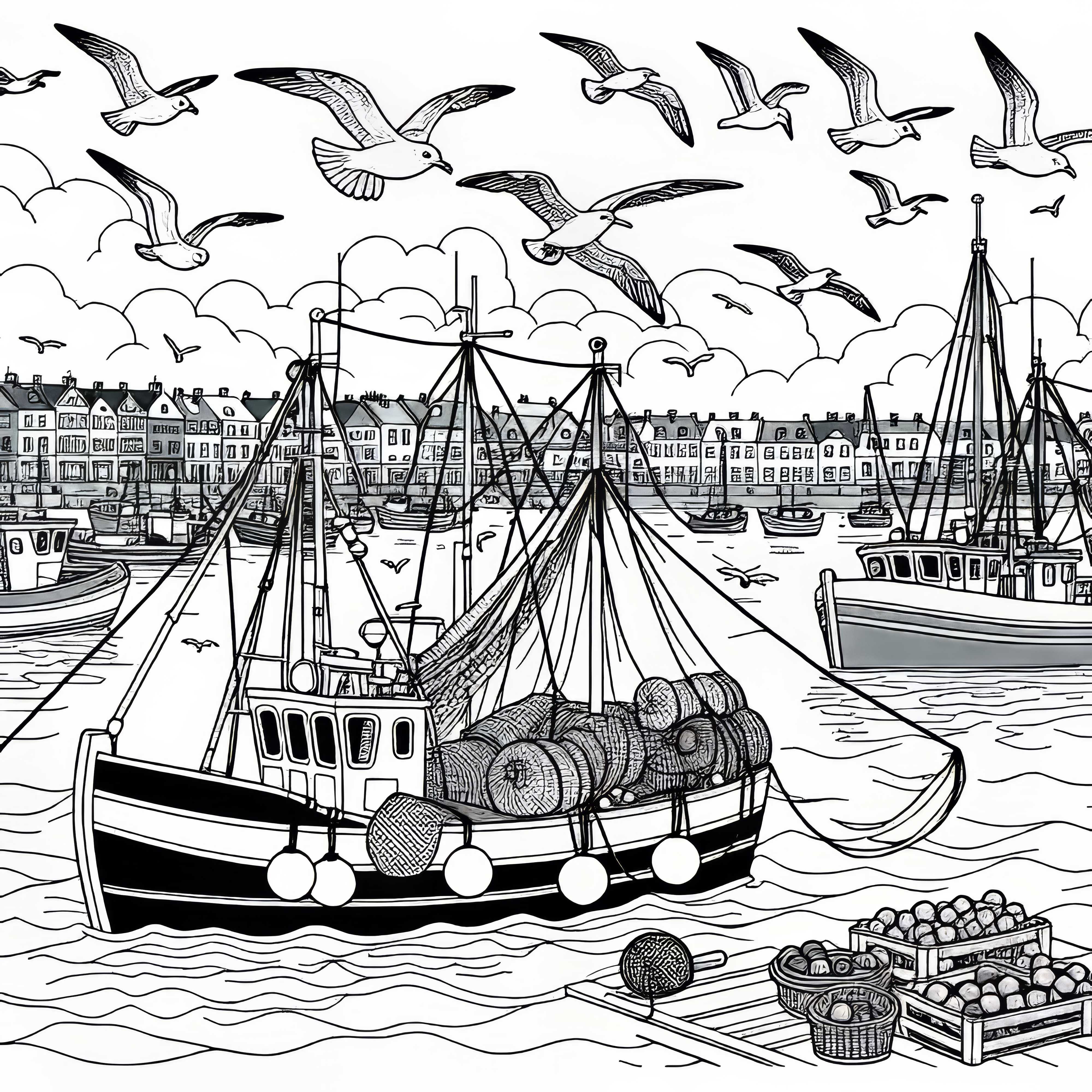 Fiskerbåde med net og måger i havnen - Malebillede