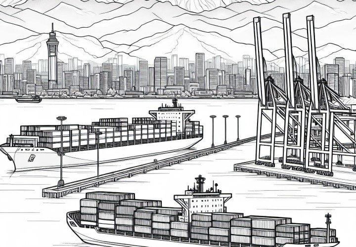 Store containerskibe og kraner i havneområdet – Gratis malebog at downloade