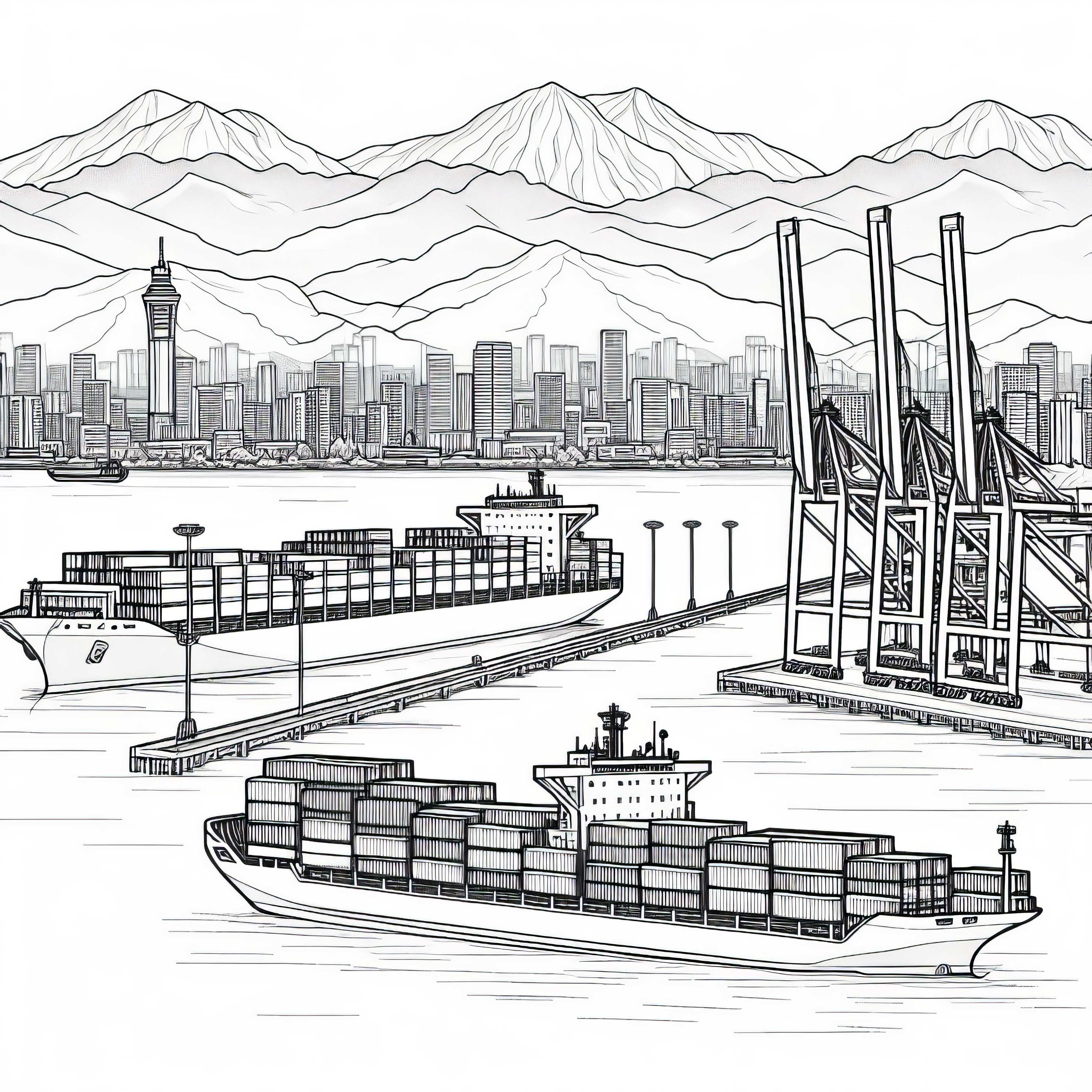 Store containerskibe og kraner i havneområdet – Gratis malebog at downloade