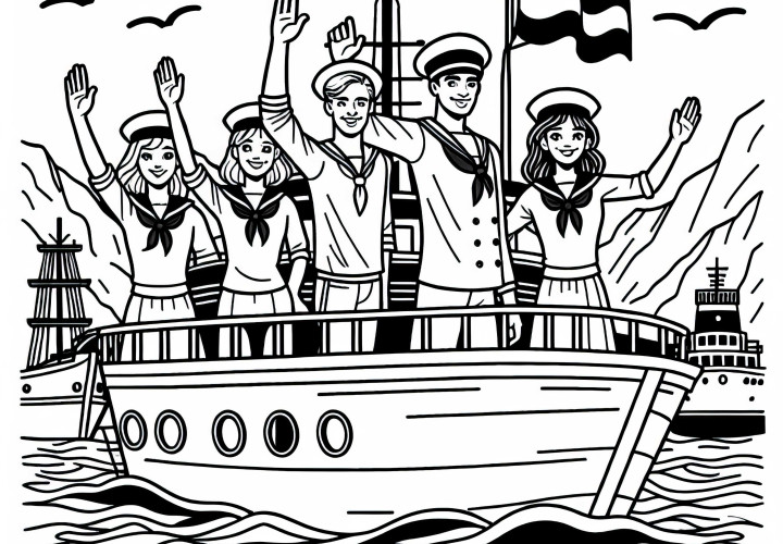 Søfolk vinker fra skib ved havnen - Malebog gratis