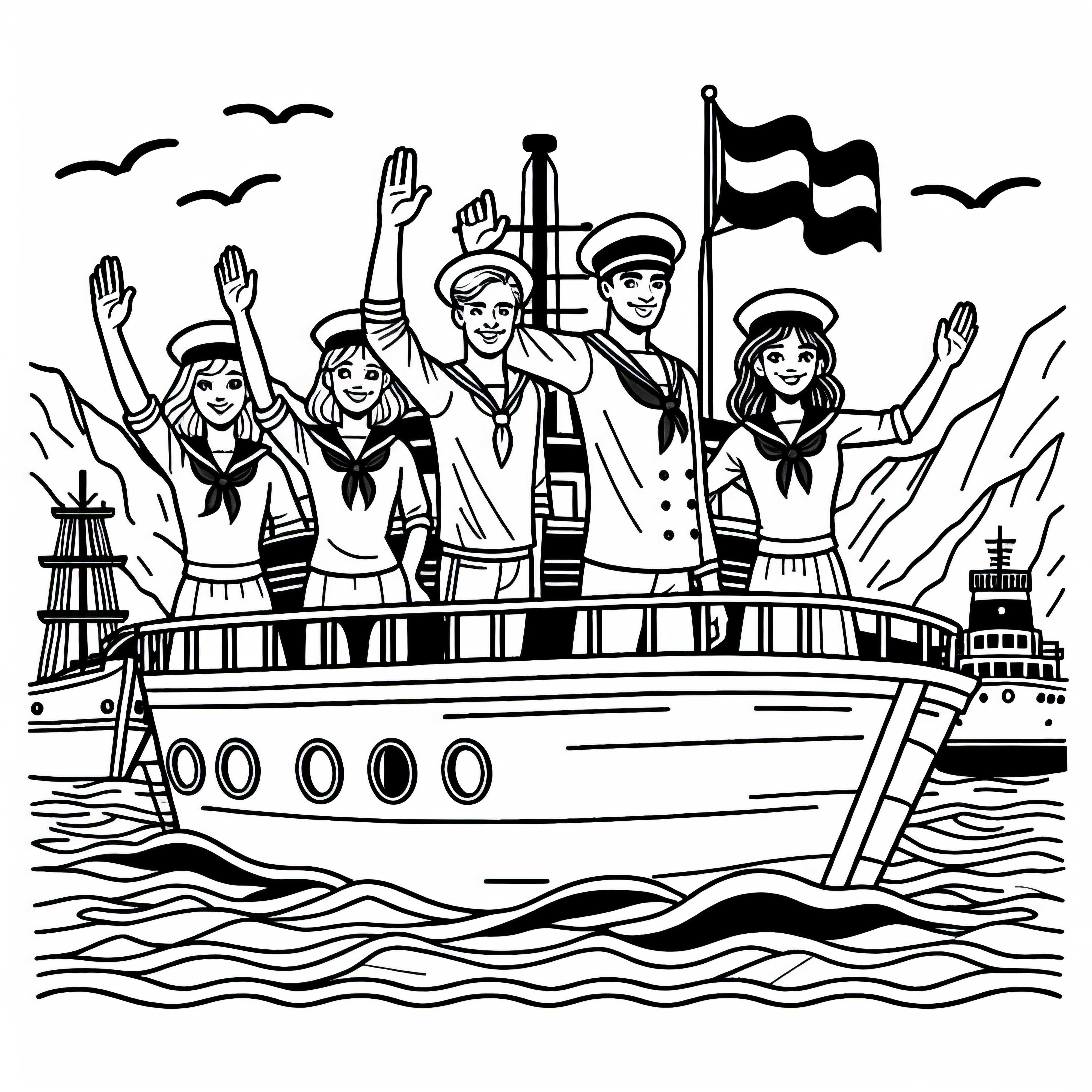 Sejlere vinker fra skibet ved havnen – Malebillede gratis