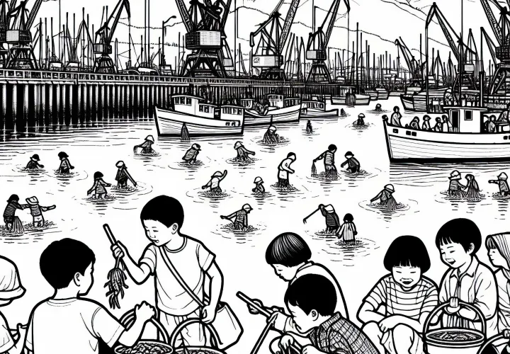 Children catch crabs with buckets at the harbor - free coloring page