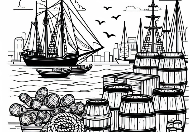 Træfade og reb ved havnekanten - Gratis farvelægningsark