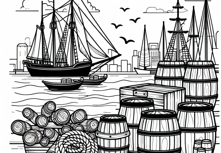 Wooden barrels and ropes at the harbor edge – free coloring page