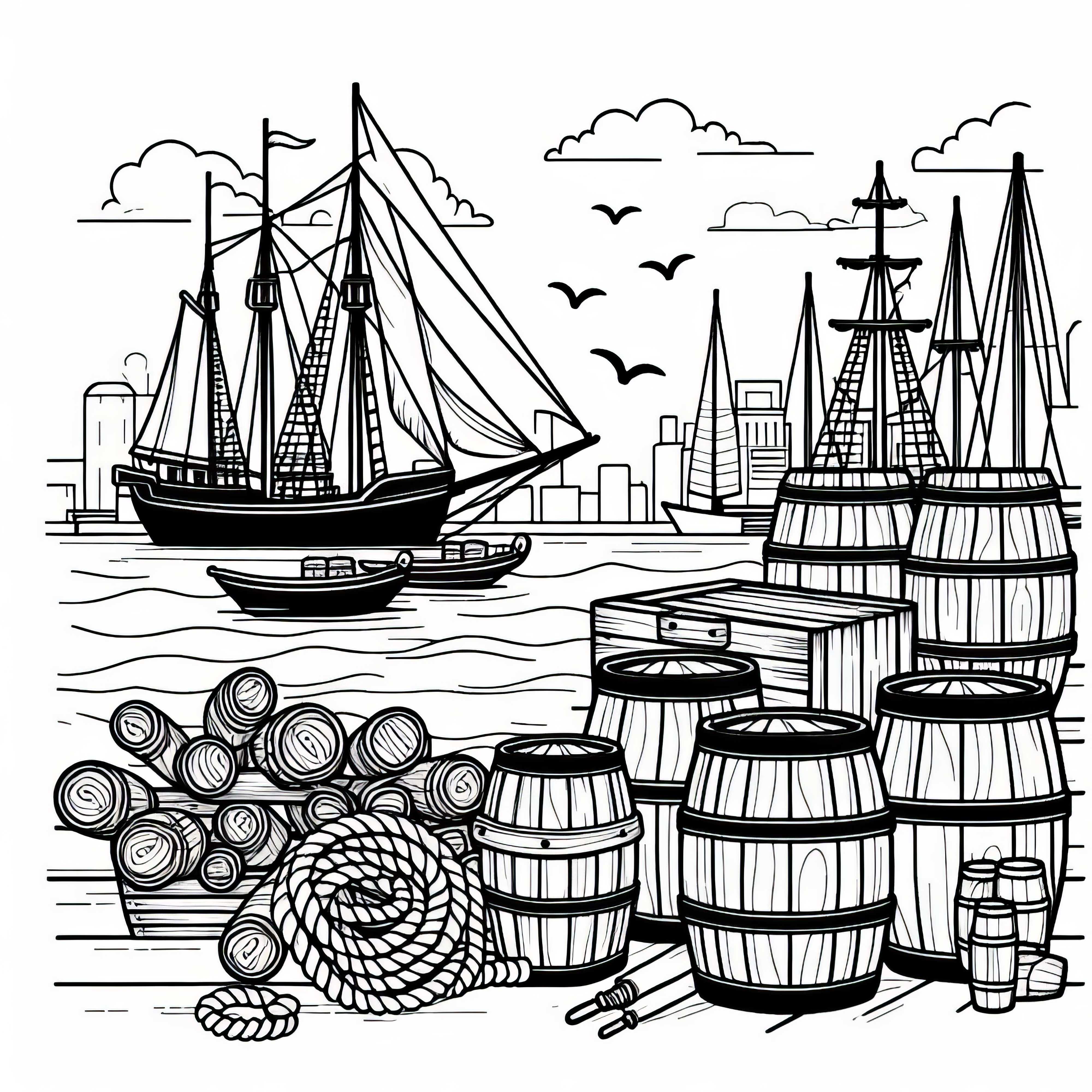 Træfade og reb ved havnekanten – Gratis malerskabelon