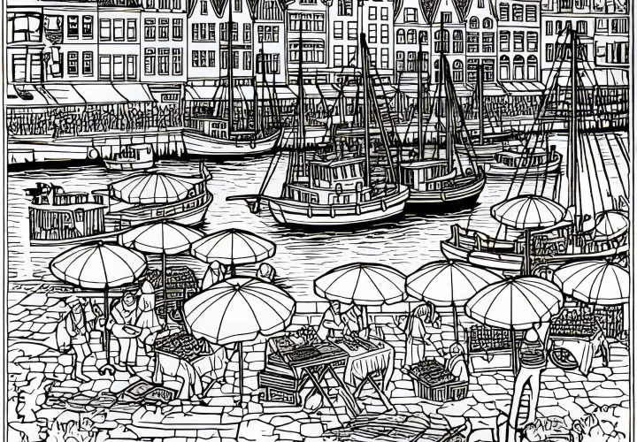 Harbor promenade with street performers and market stalls – Free coloring page
