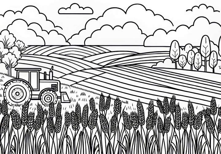 Wheat fields with tractor - coloring page for free