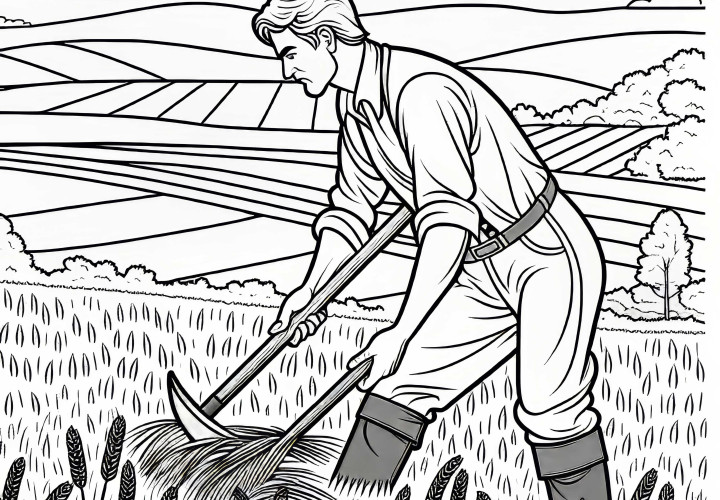 Farmer harvesting grain with a sickle – Free coloring page