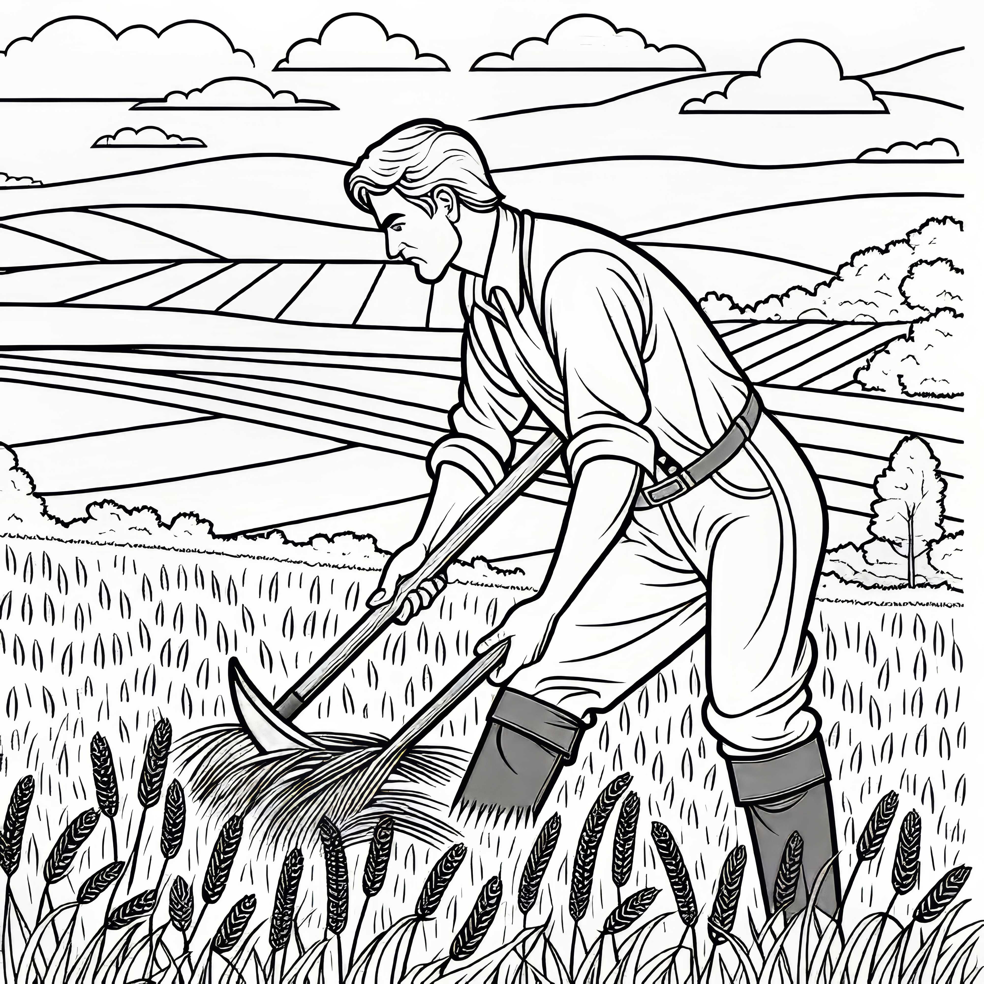 Farmer harvests grain with a scythe – Free coloring page