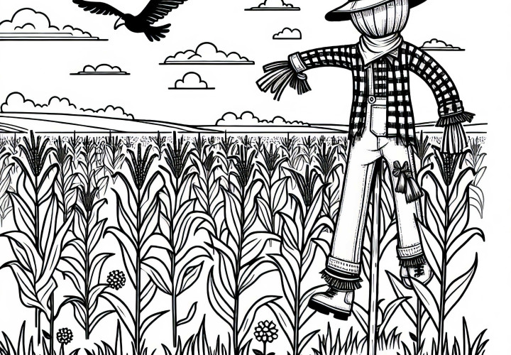 Scarecrow with a hat in the middle of a cornfield - Free coloring page