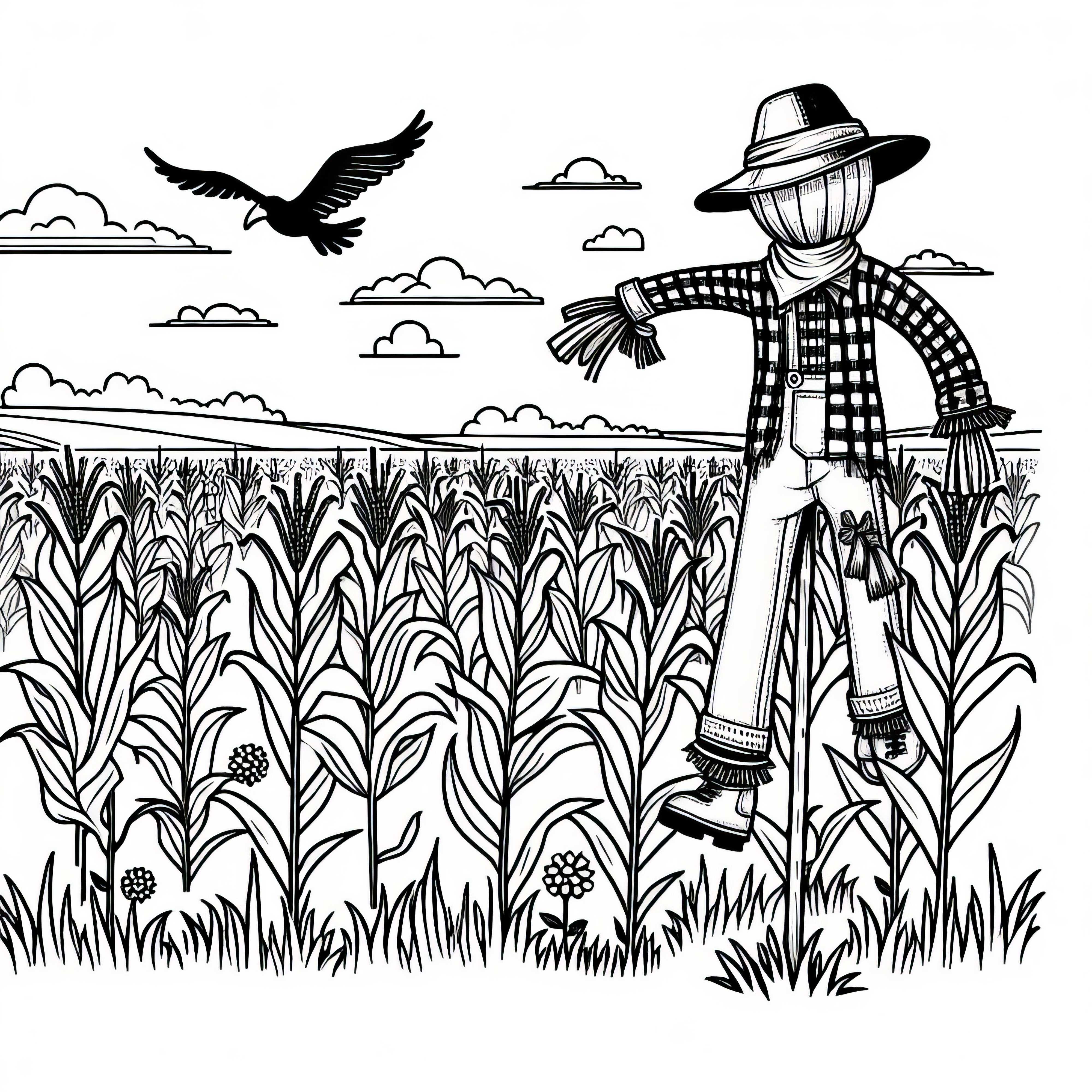 Scarecrow with a hat in the middle of a cornfield - Free coloring template Scarecrow with hat in the middle of a cornfield - free coloring page