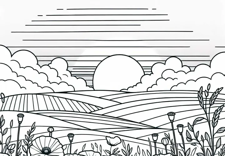 Poppy flowers among fields - free coloring page