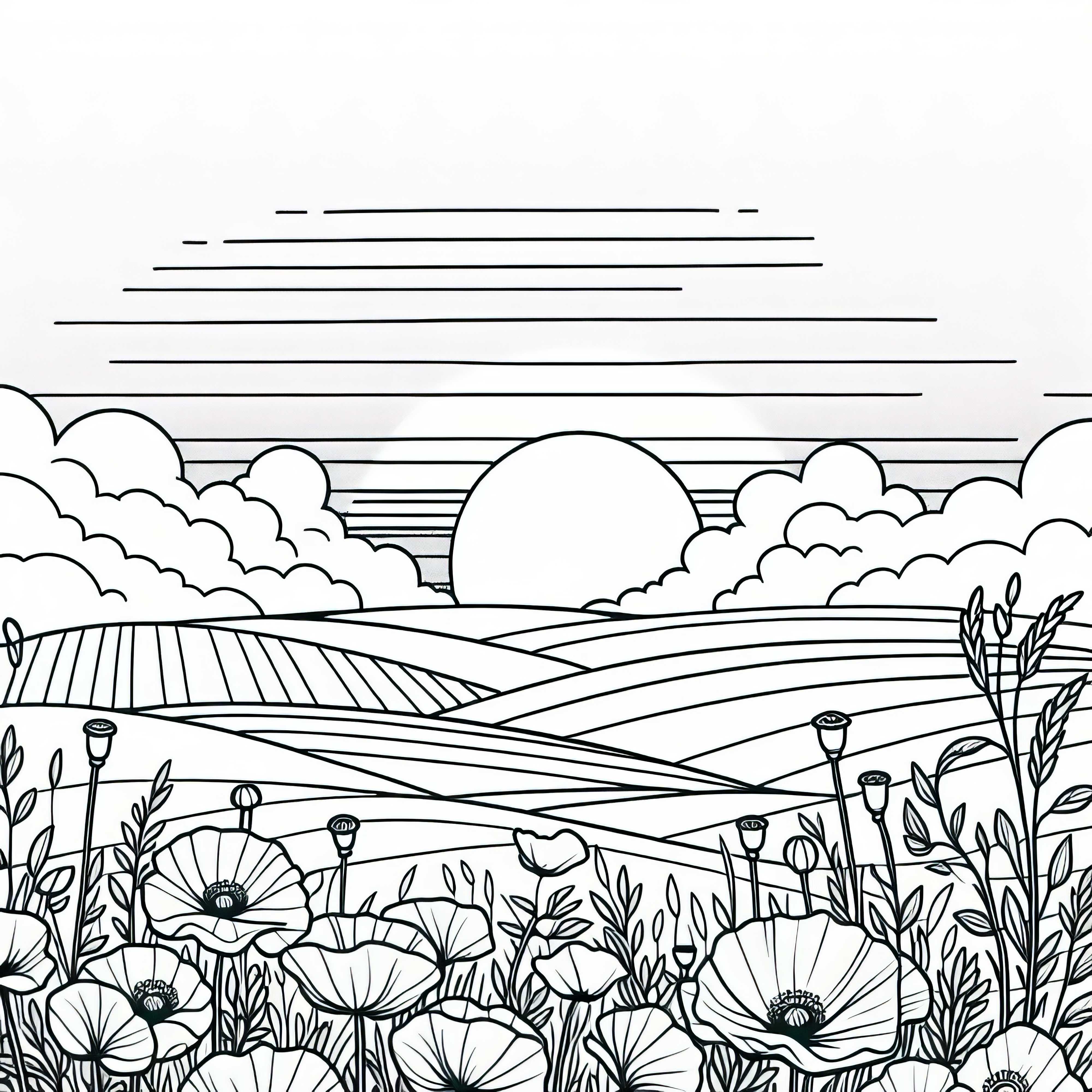 Poppy flowers between fields - Free coloring page
