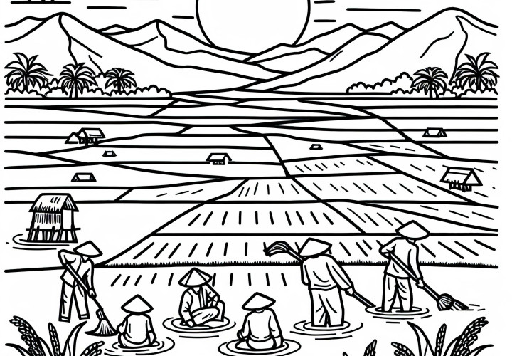 Endless rice field with water surfaces and farmers coloring page free
