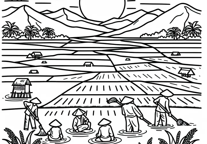 Endless rice field with water surfaces and farmers coloring page free