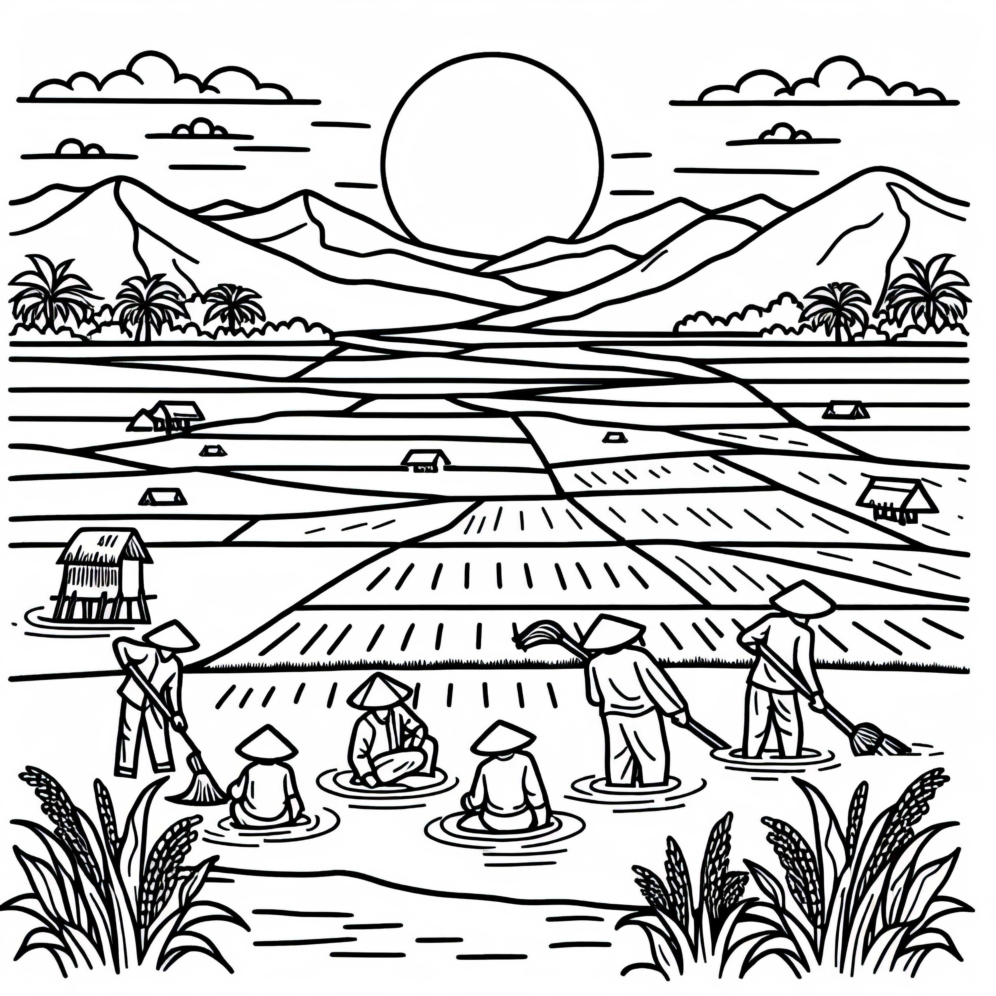 Endless rice field with water areas and farmers coloring template for free