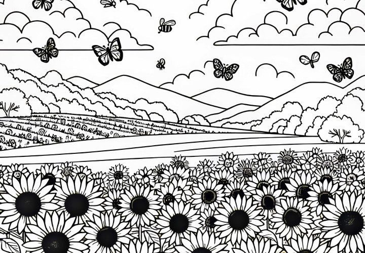Sunflower field with bees and butterflies - Free coloring page