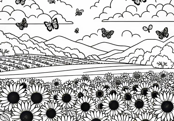 Sunflower field with bees and butterflies - Free coloring page