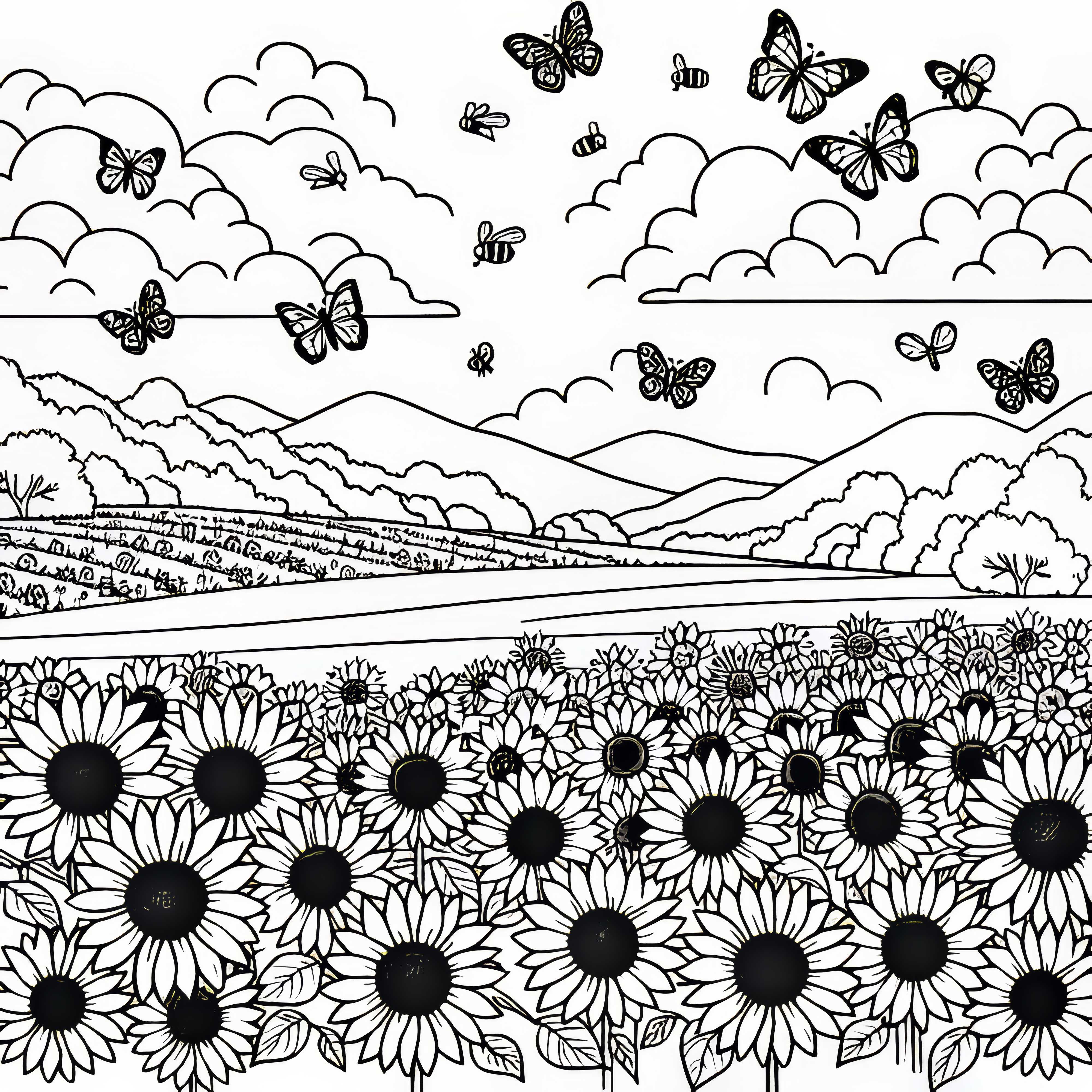 Sunflower field with bees and butterflies – Free coloring page
