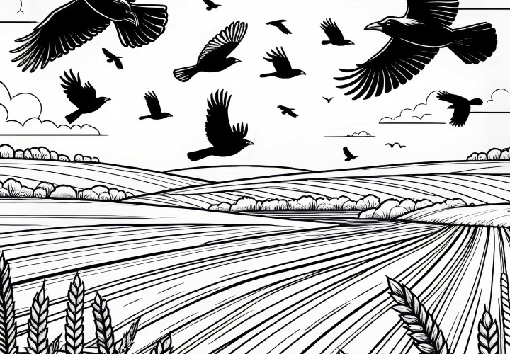 Crows fly over freshly plowed field – Free coloring page