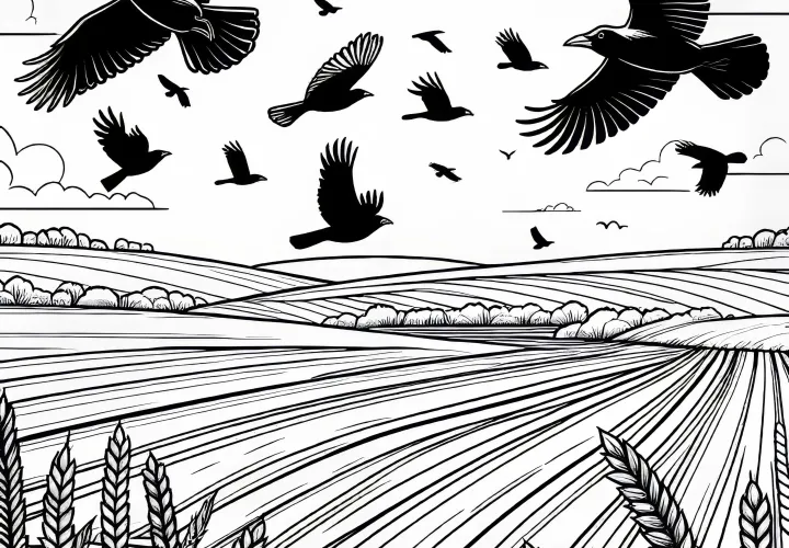 Crows fly over freshly plowed field – Free coloring page