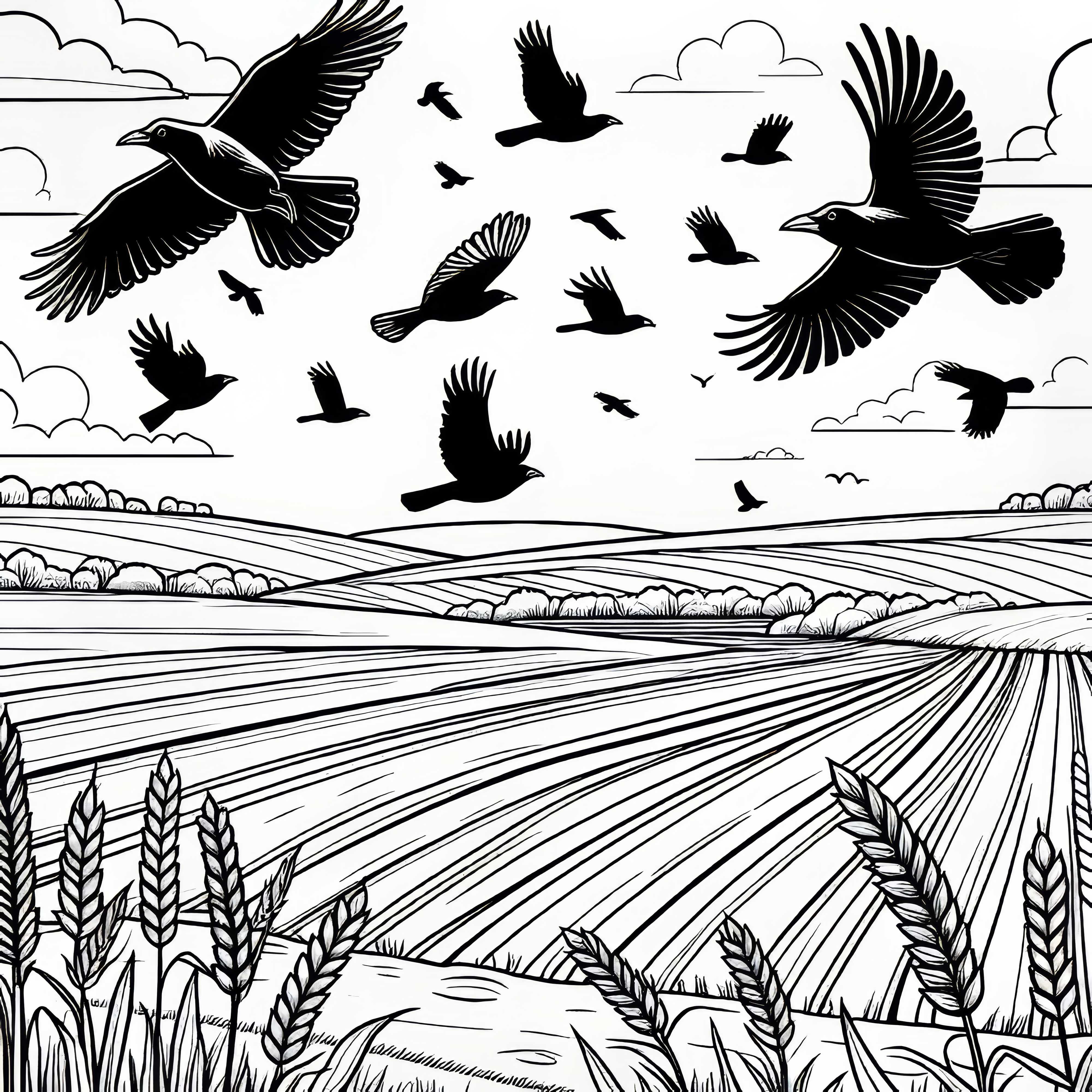 Crows fly over freshly plowed fields - Free coloring page