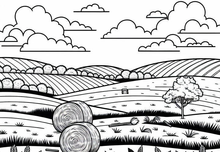Hay Bales Lie Scattered After The Harvest In The Field – Free Coloring Page