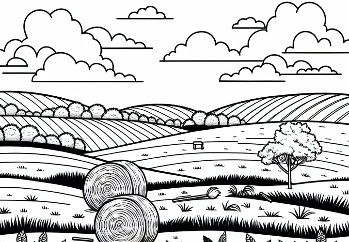 Hay Bales Lie Scattered After The Harvest In The Field – Free Coloring Page
