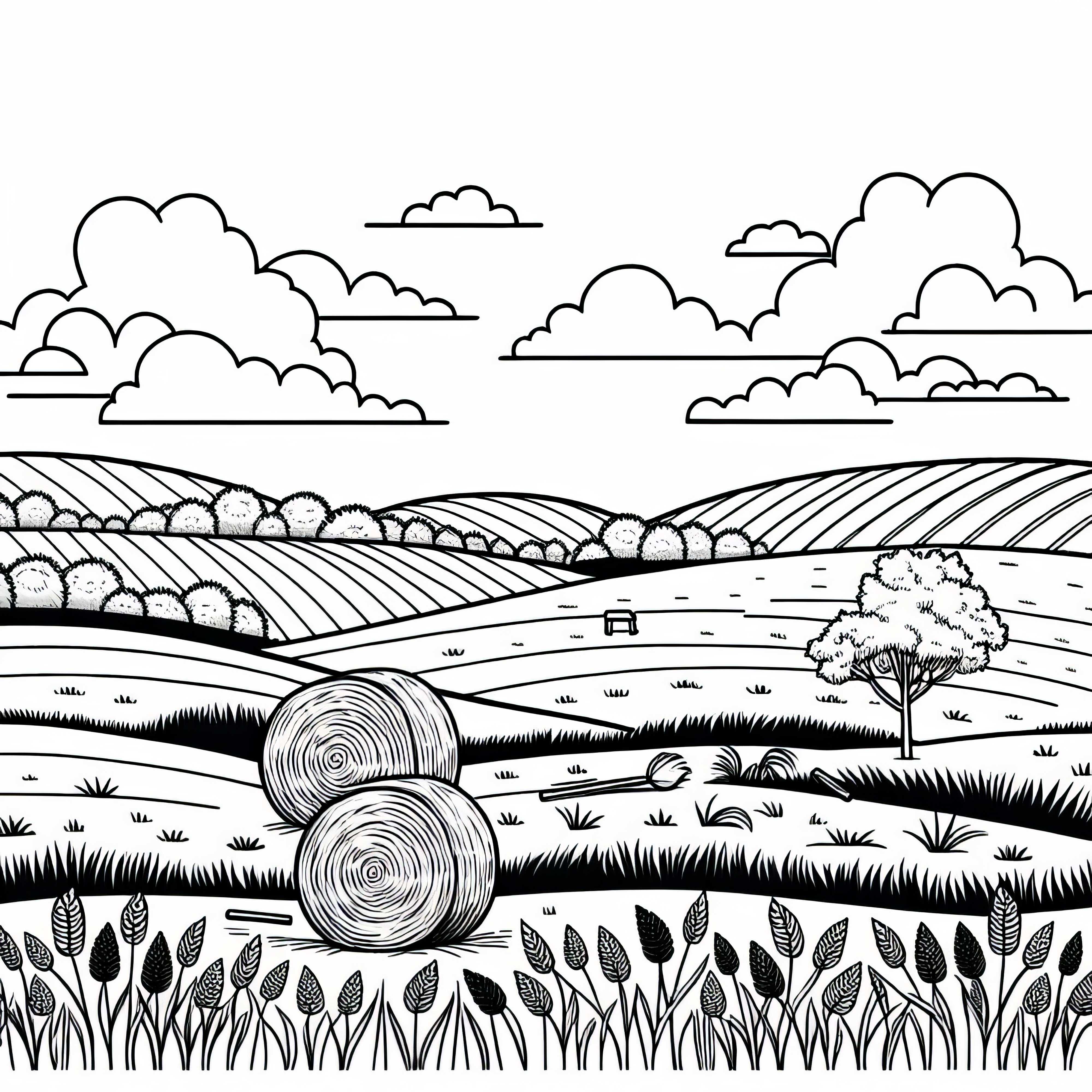 Hay Bales Lie Scattered After Harvest in the Field – Coloring Page Free