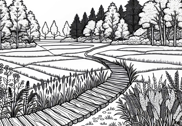 Narrow field path with old wooden planks – Free coloring template