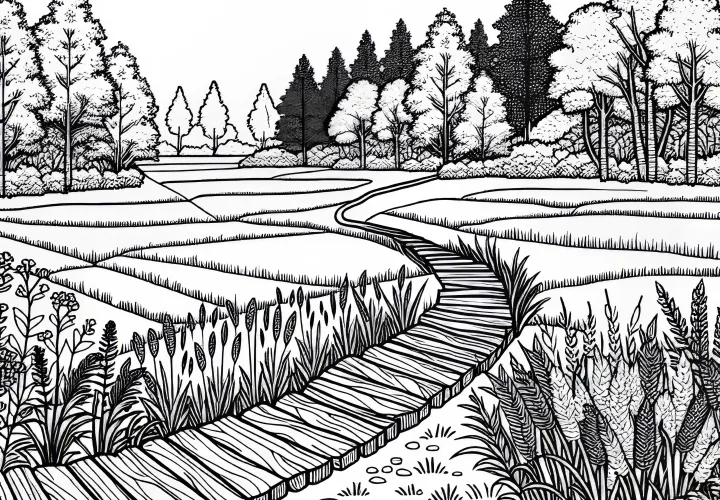 Narrow field path with old wooden planks – Free coloring template