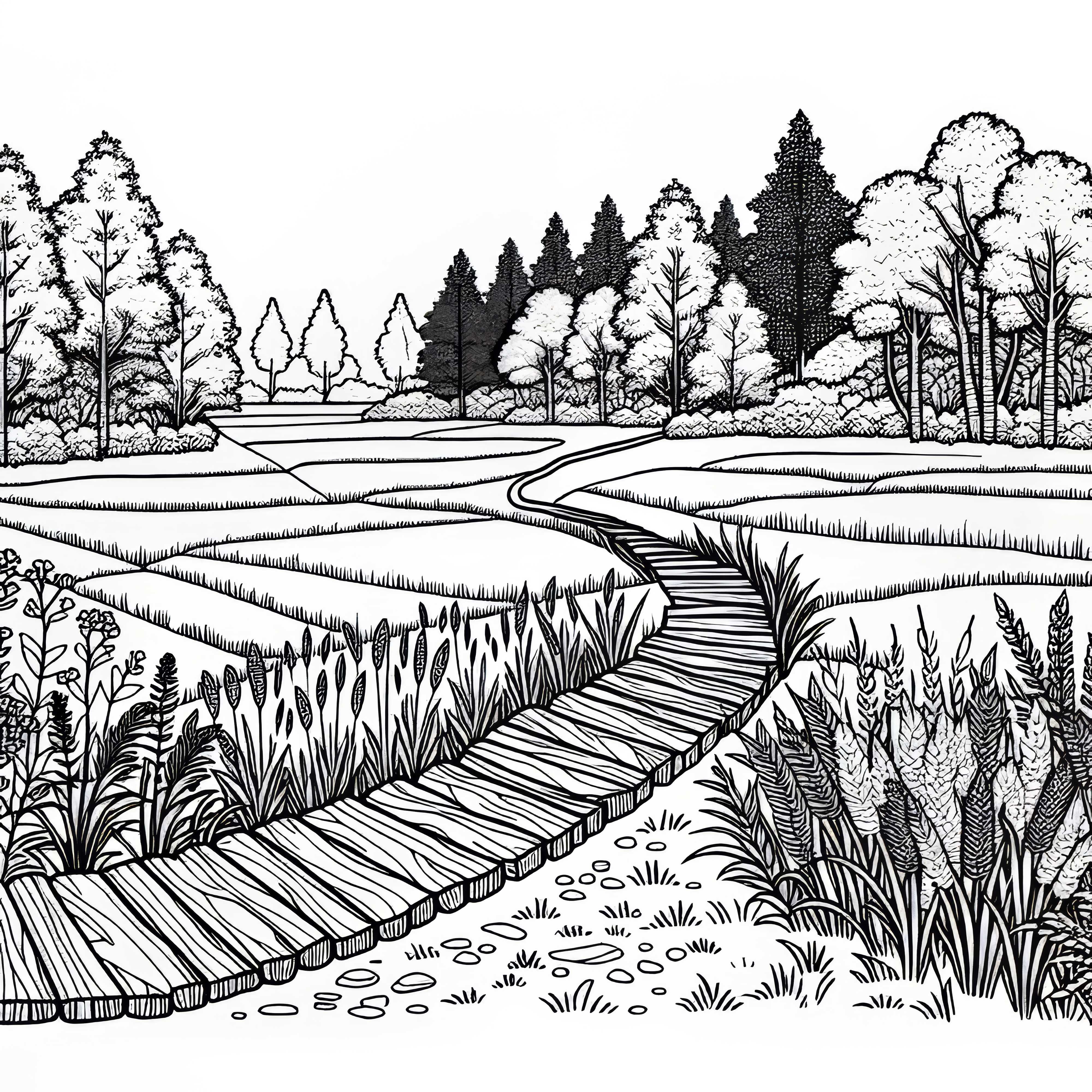 Narrow field path with old wooden planks – free coloring page