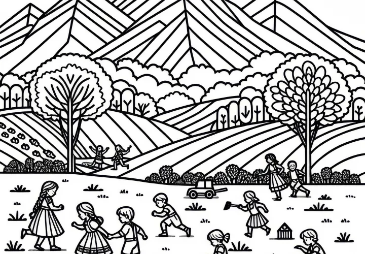 Children playing in the field - free coloring page