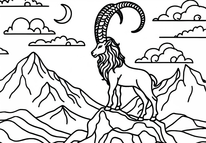 Козирог стои на скали в планината – Безплатна оцветяваща страница