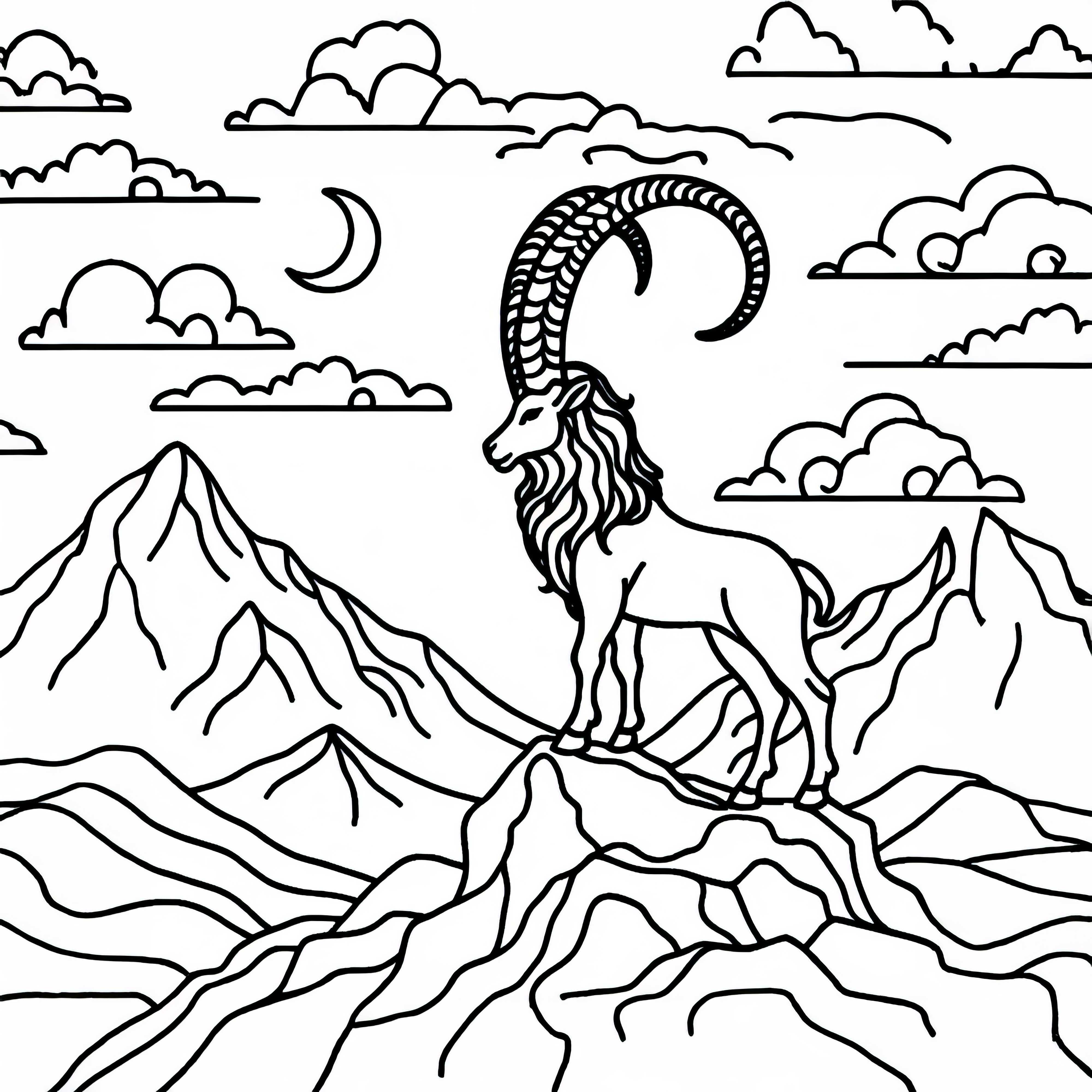 Козирог стои на скали в планината - безплатна бояска картина Козирог стои на скали в планината – Безплатна оцветяваща картина