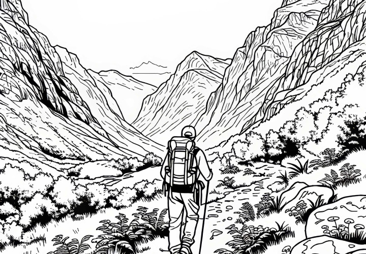 Пейзаж с туристи по планинска пътека като безплатна рисунка за оцветяване