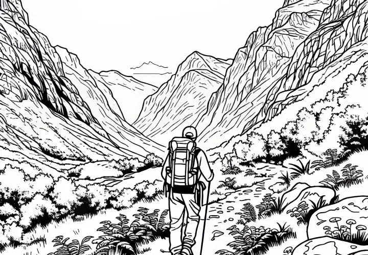 Hiker on mountain path in the mountains as a free coloring page