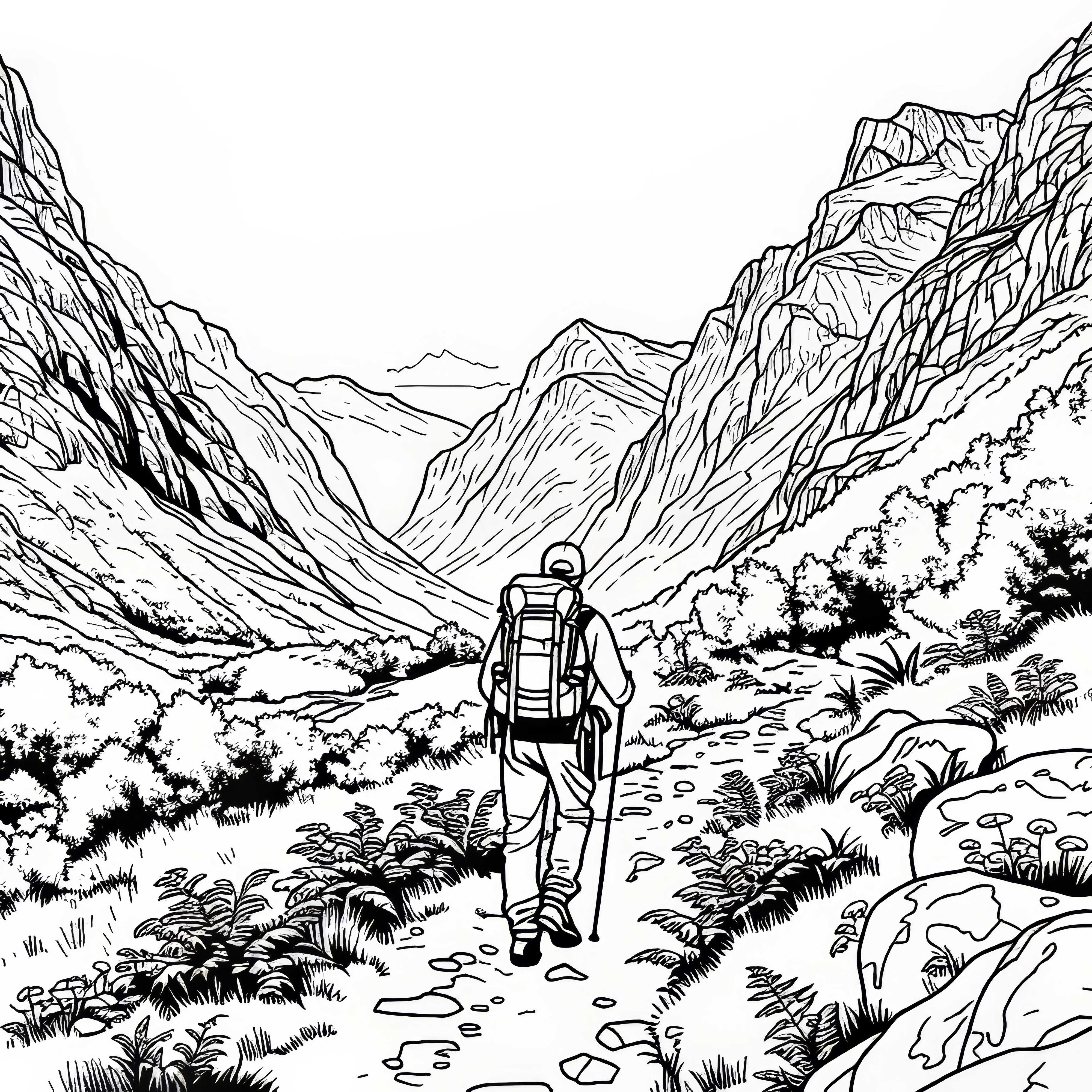 Пътешественик по планинска пътека в планината като безплатна оцветявка Изображение за оцветяване на пътешественик по планинска пътека в планината безплатно