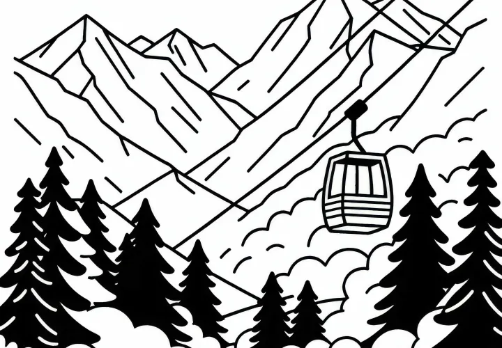Cable car travels between high mountains – Free download mountain coloring page