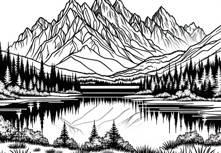 Алпийско езеро с отражение на върховете – шаблон за оцветяване на планина безплатно