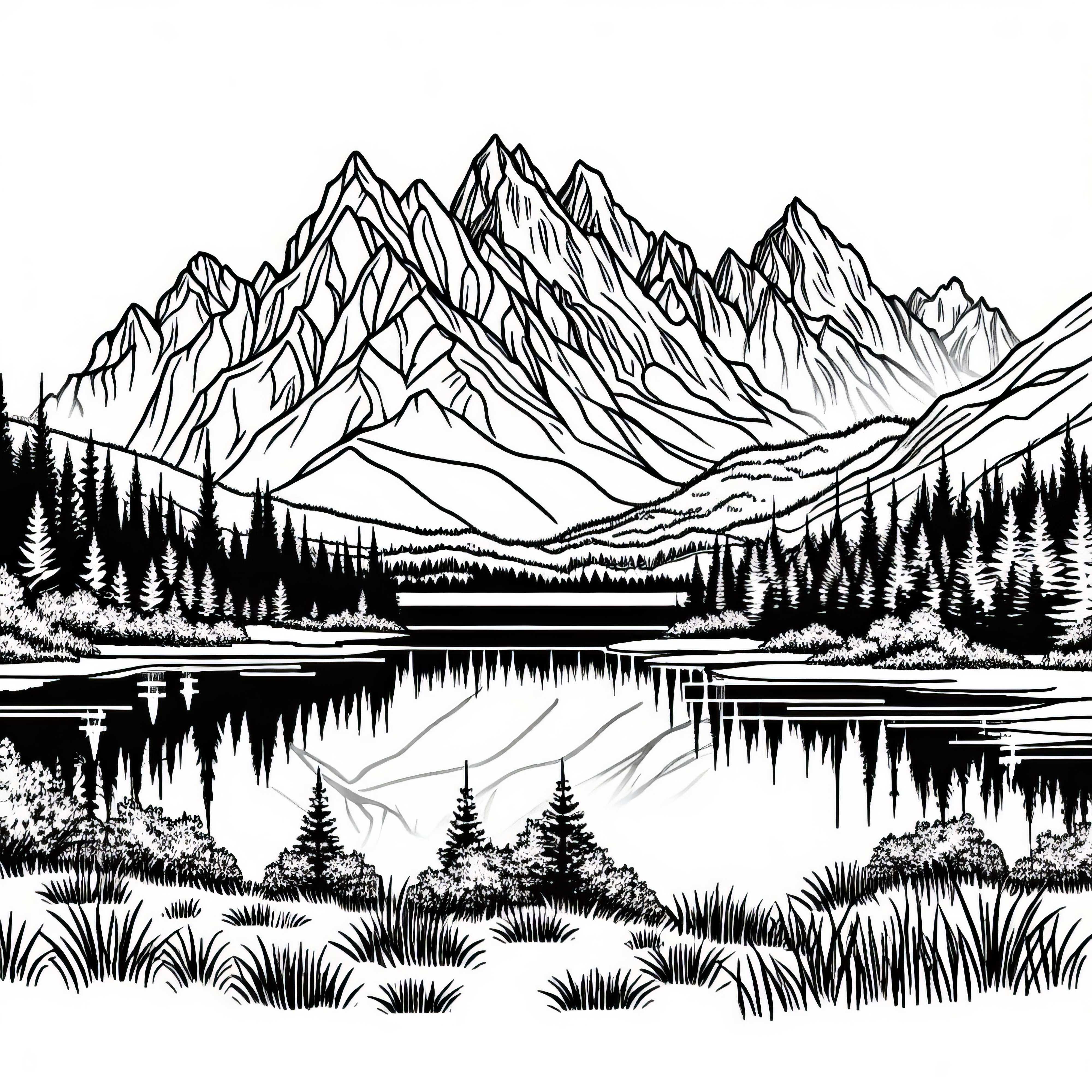 Планинско езеро с отражение на върховете – Безплатна цветна рамка планина Планинско езеро с отражение на върховете – безплатен шаблон за оцветяване на планини