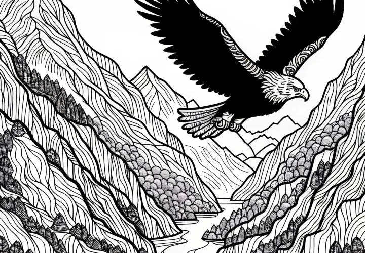 Eagle flies over gorge in the mountains – Free coloring page