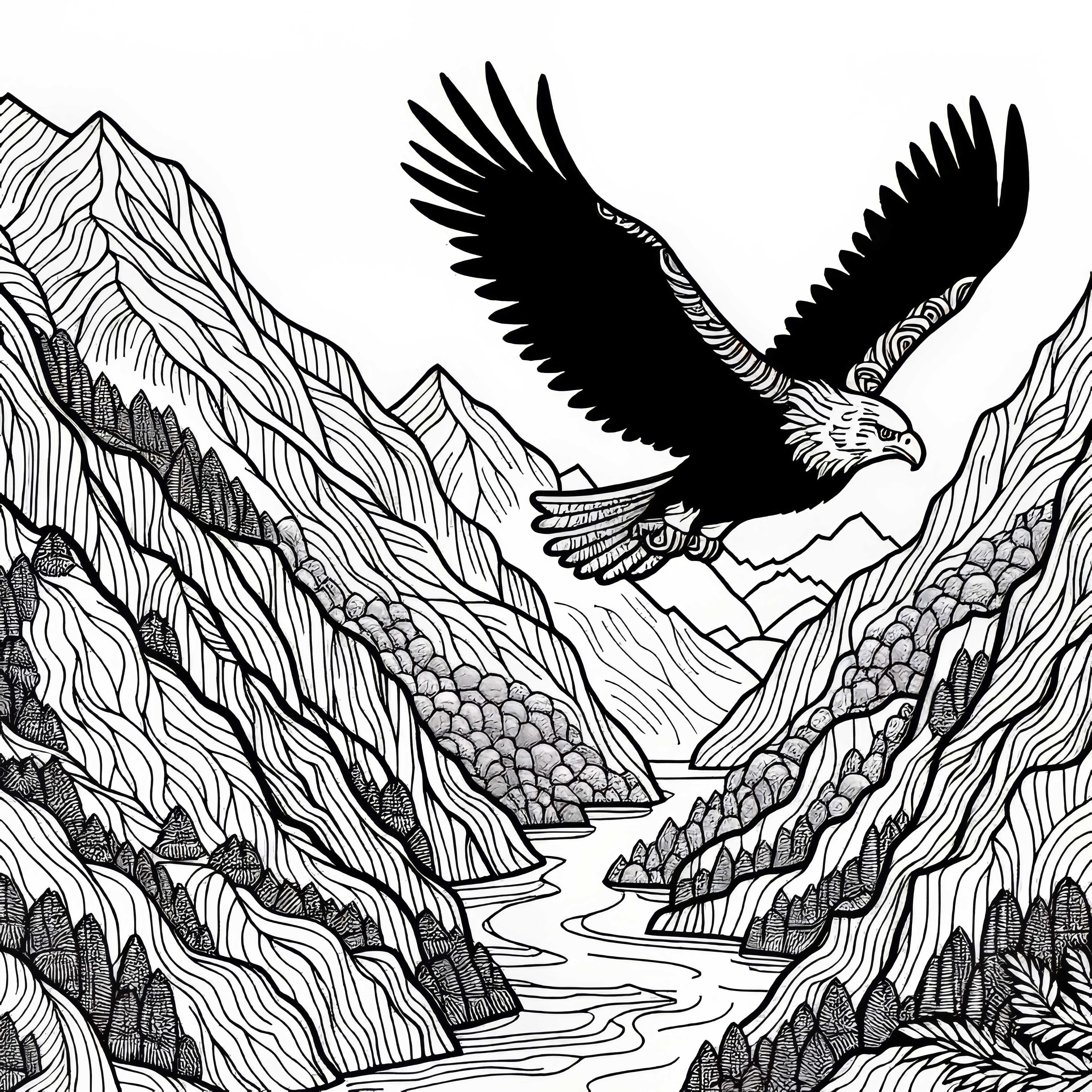 Орел лети над пропаст в планината – Безплатна рисунка за оцветяване Орел лети над пролом в планината – Безплатна цветна картинка