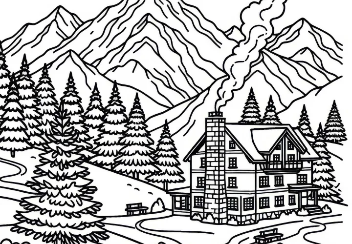 Mountain hut with smoking chimney in the mountains - Free coloring page
